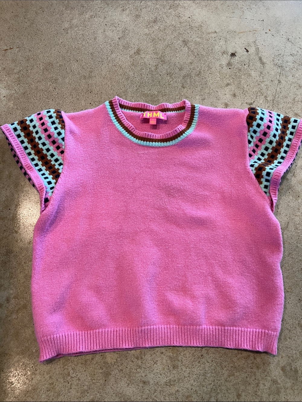 THML Bubblegum Pink Knit Vest with Patterned Cap Sleeves